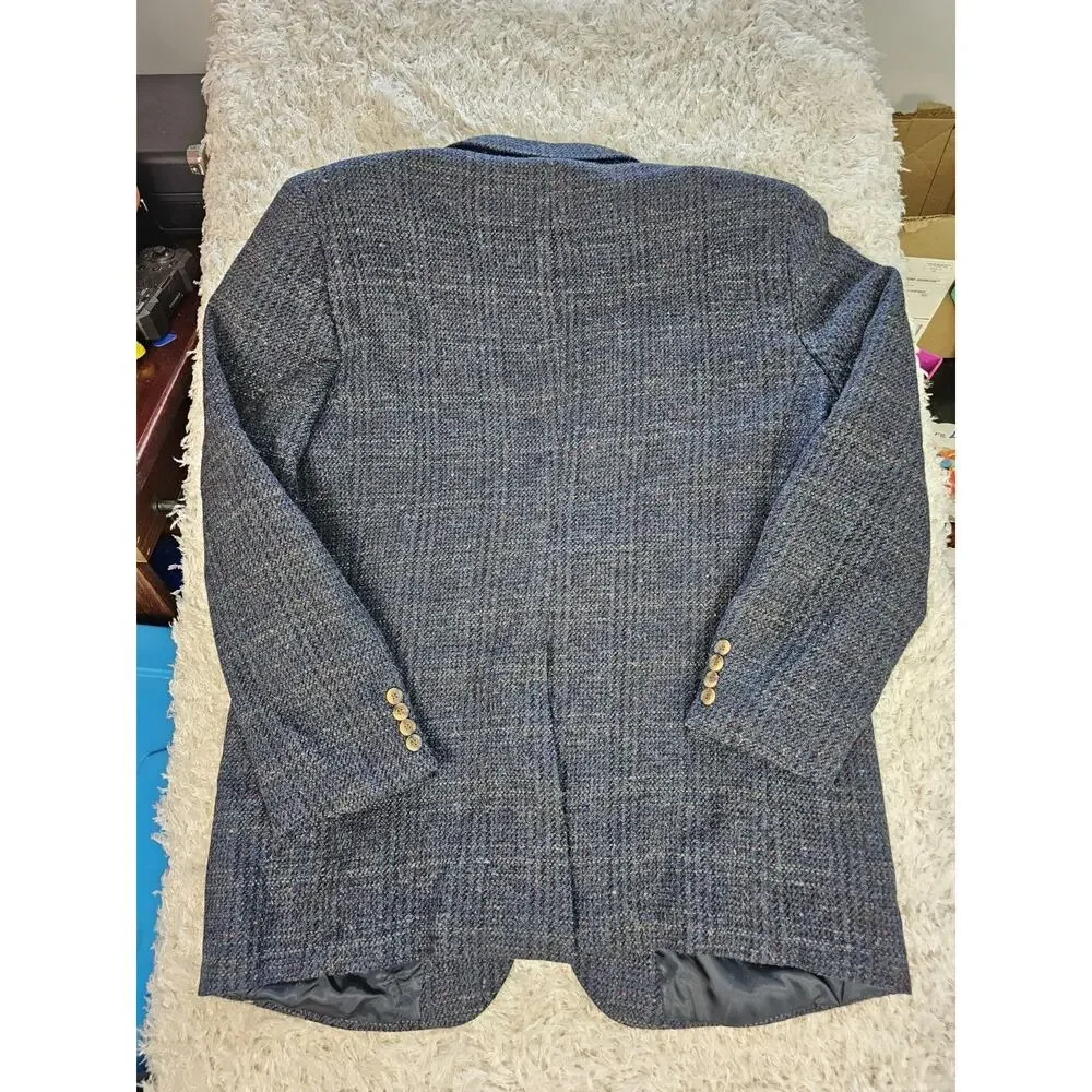 Vintage The Hub Bespoke Tweed Sport Coat Blazer Blue Multicolor Plaid USA 46L